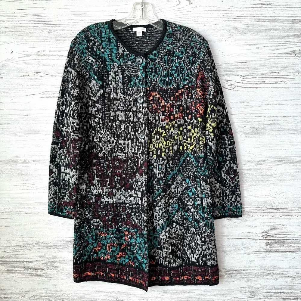 J. JILL Multicolor Duster Coatigan Sweater Cardigan Rainbow Art to Wear SP